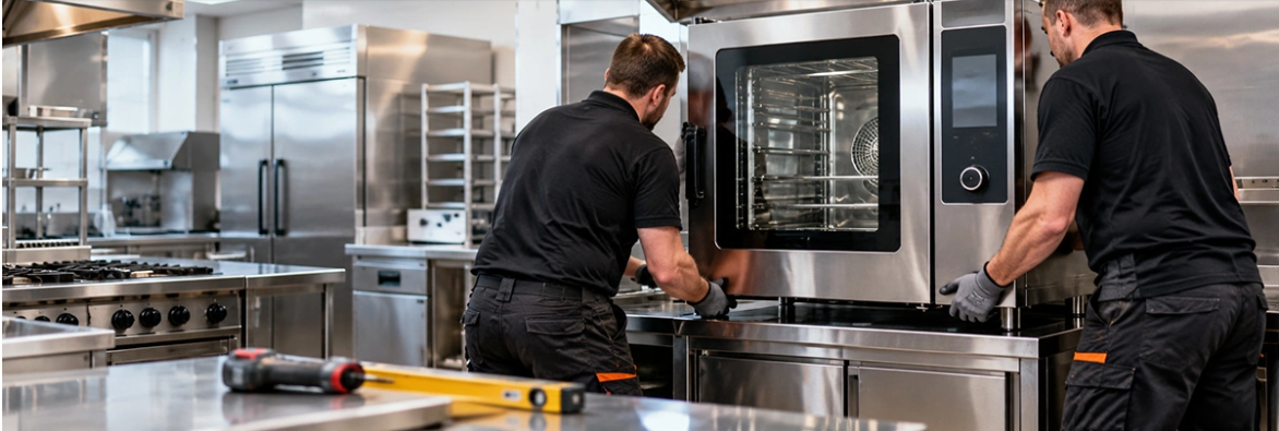 Commercial catering engineers servicing a combination oven in a professional kitchen