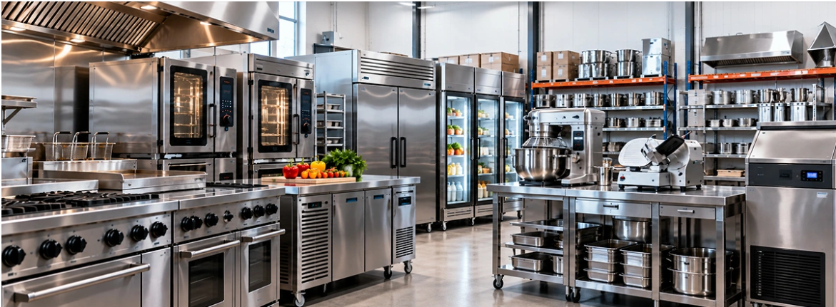 Professional commercial kitchen with catering ovens, cooking equipment and refrigeration